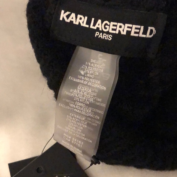 Karl Lagerfeld Paris Black Ribbed Beanie Karl Patch Black Faux Fur Pom OS NWT - Picture 10 of 15